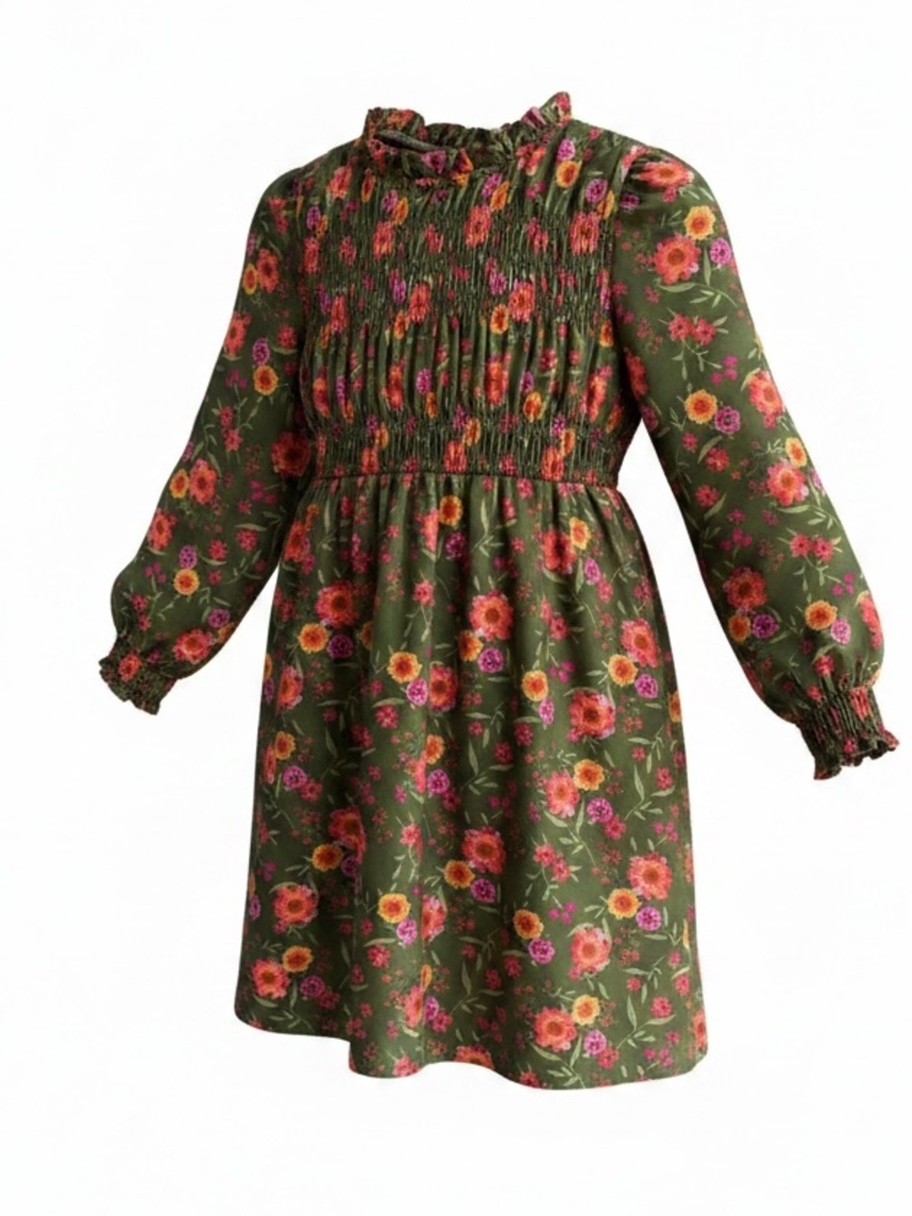 Girls' Kids Floral Smocked Green Long-Sleeve Dress by ZAC KIDS Size 7-8